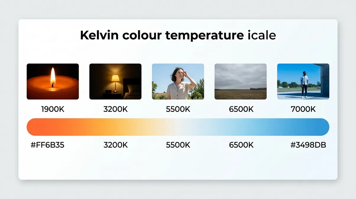 Kelvin colour temperature scale showing five photography scenarios from candlelight at 1900K to open shade at 7000K