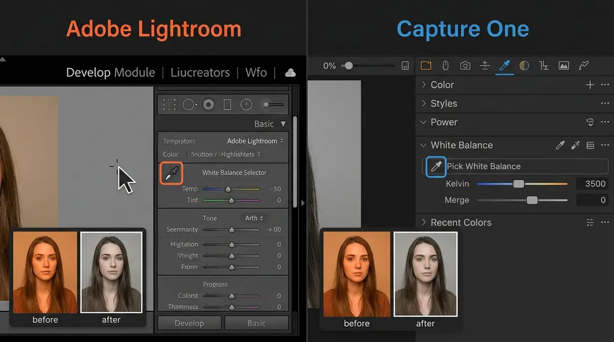 Lightroom and Capture One white balance eyedropper workflow showing colour correction in both editing applications