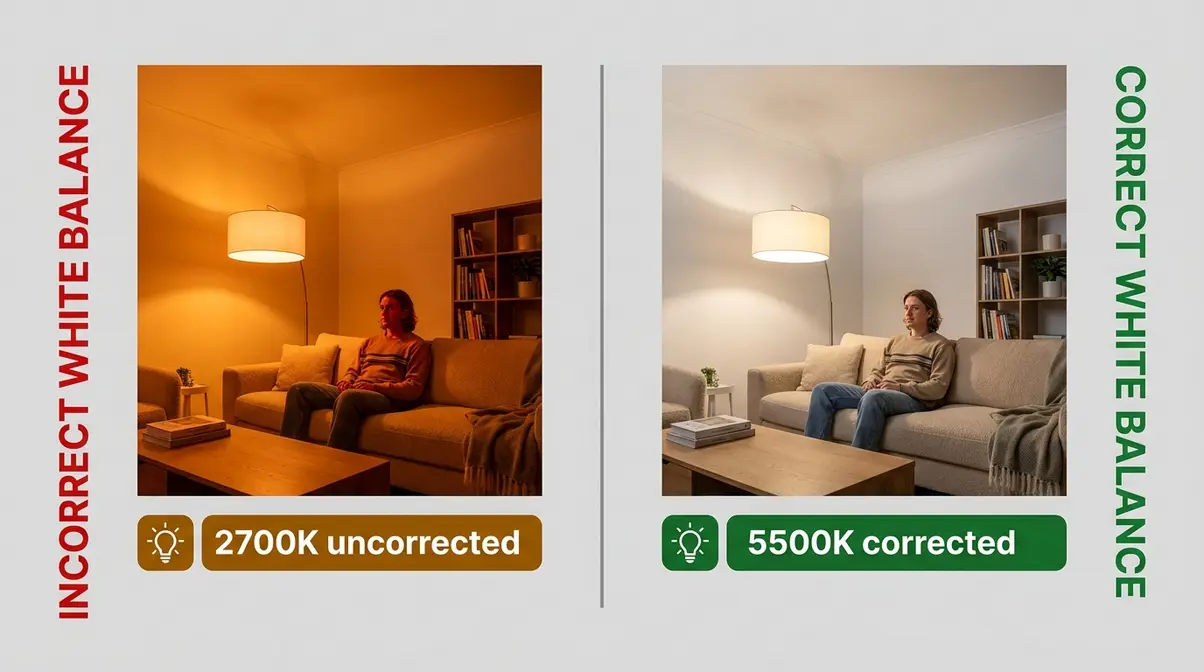 Side-by-side white balance comparison showing orange indoor colour cast versus corrected neutral white balance