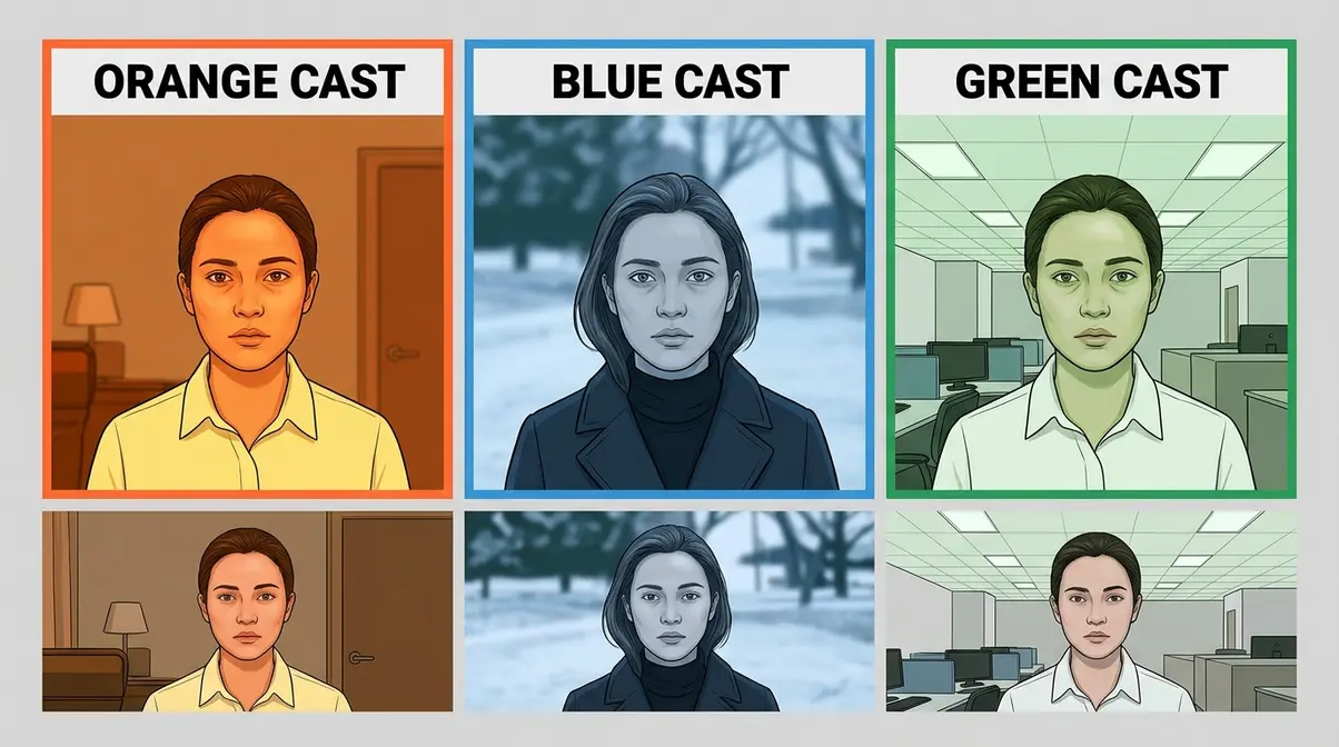 Three white balance colour cast examples — orange tungsten cast, blue shade cast, and green fluorescent cast in photography