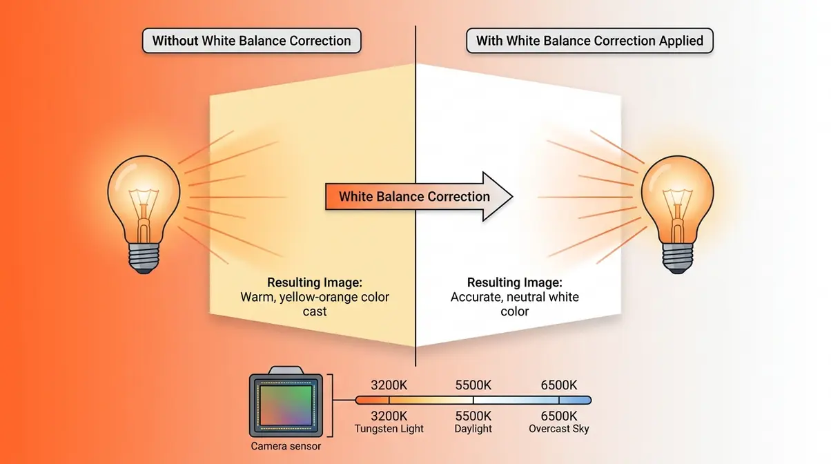 Diagram showing how white balance corrects orange tungsten light cast to render a white wall as neutral white