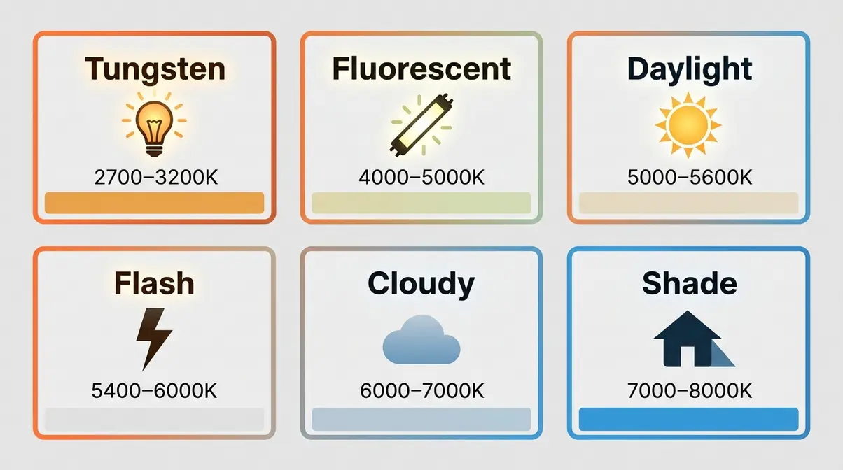 Camera white balance preset reference guide showing all six settings from Tungsten at 2700K to Shade at 8000K