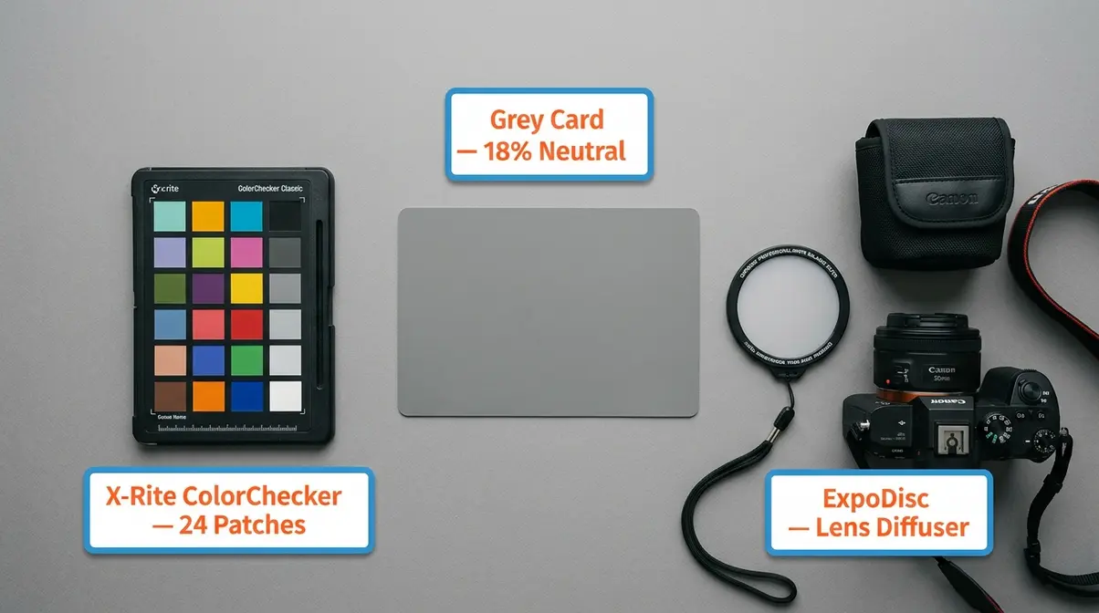 White balance tools flat-lay showing grey card, X-Rite ColorChecker, and ExpoDisc diffuser for accurate colour