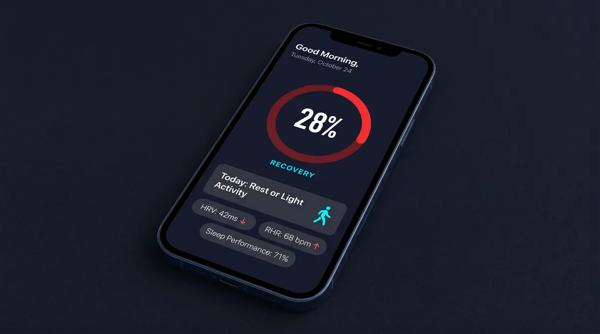 Whoop 4.0 app showing red recovery score of 28 percent with rest recommendation and HRV data