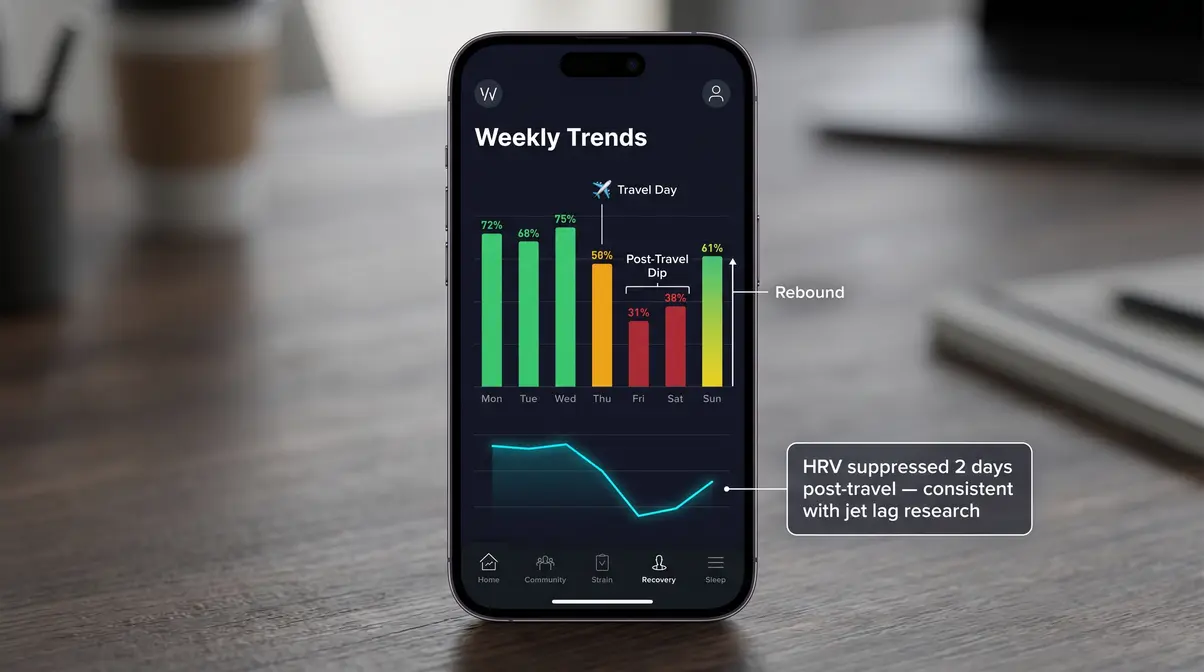 Whoop 4.0 app weekly recovery trend chart showing post-travel HRV suppression dip and rebound pattern