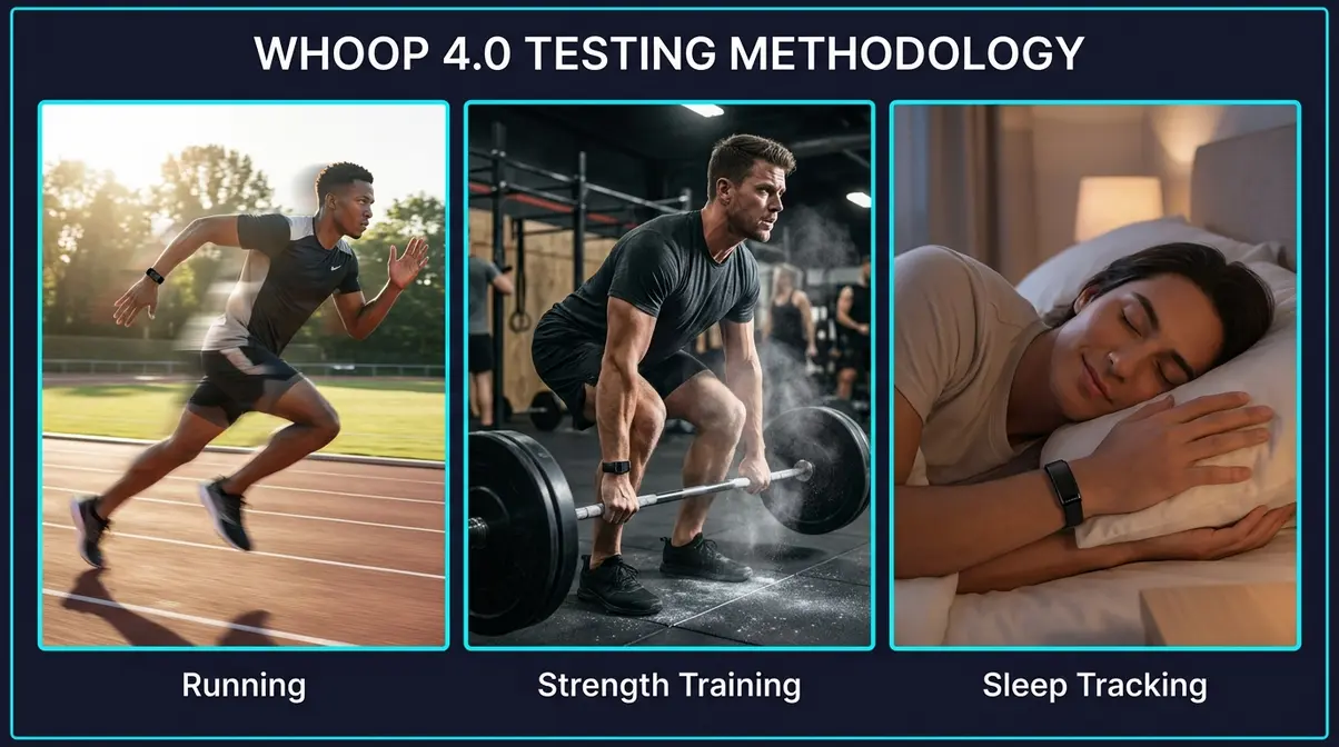 Whoop 4.0 review testing methodology showing runner, weightlifter, and sleeping tester wearing the band