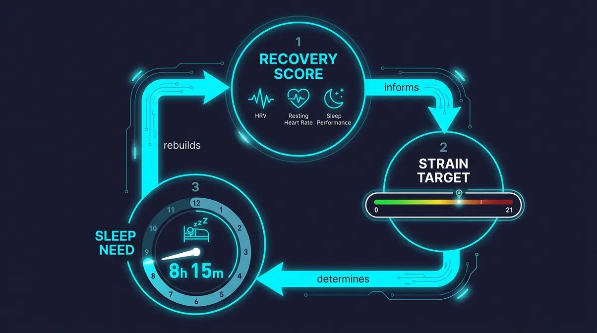 Diagram showing how Whoop 4.0 calculates recovery score from HRV heart rate and sleep data in a three-metric loop