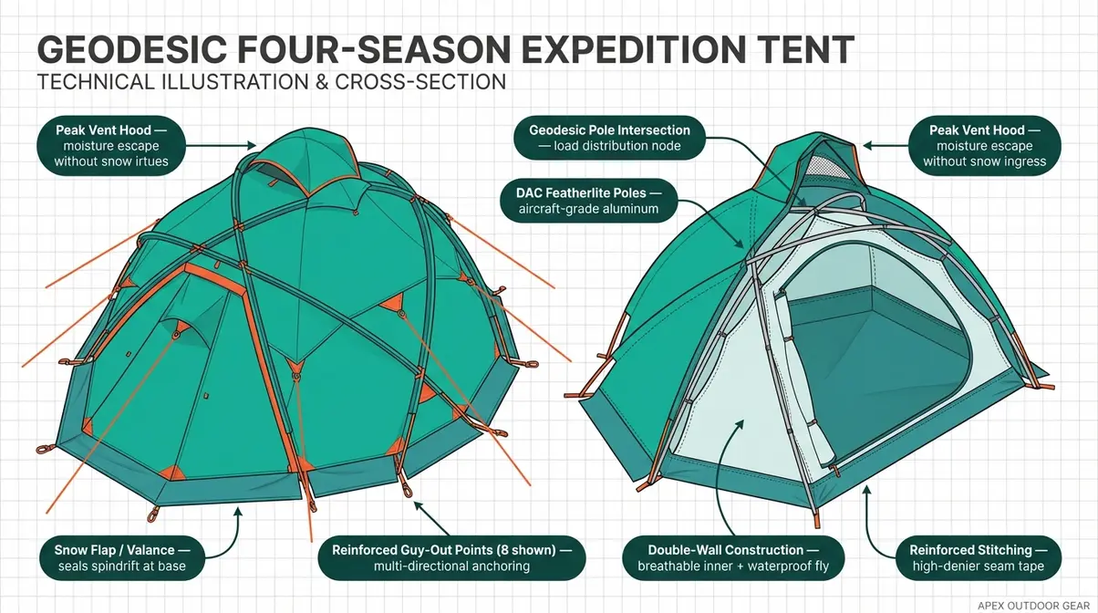 Labeled anatomy diagram of a four season tent showing geodesic pole structure, guy-out points, snow flaps, and peak vent