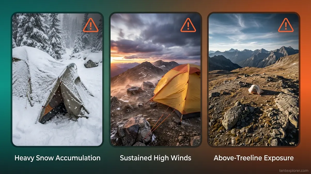 Three conditions making a four season tent necessary: heavy snow, sustained high winds, and above-treeline exposed terrain