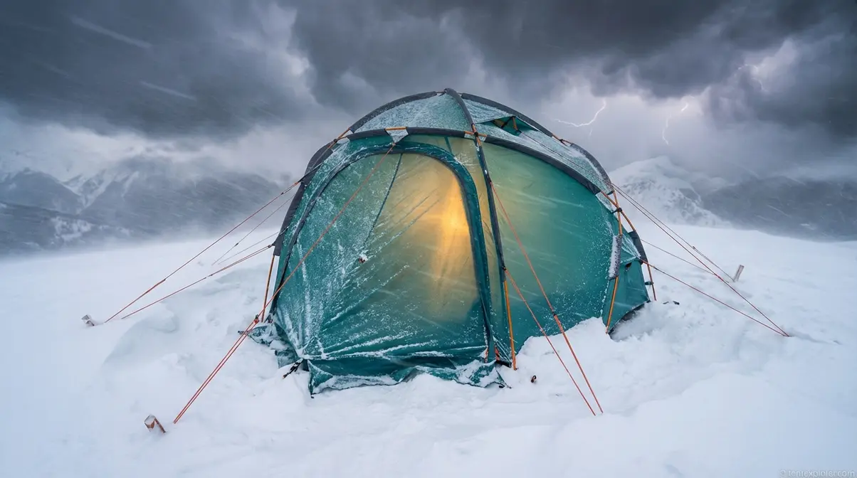 Geodesic four season tent withstanding storm winds and heavy snow on an exposed mountain ridge