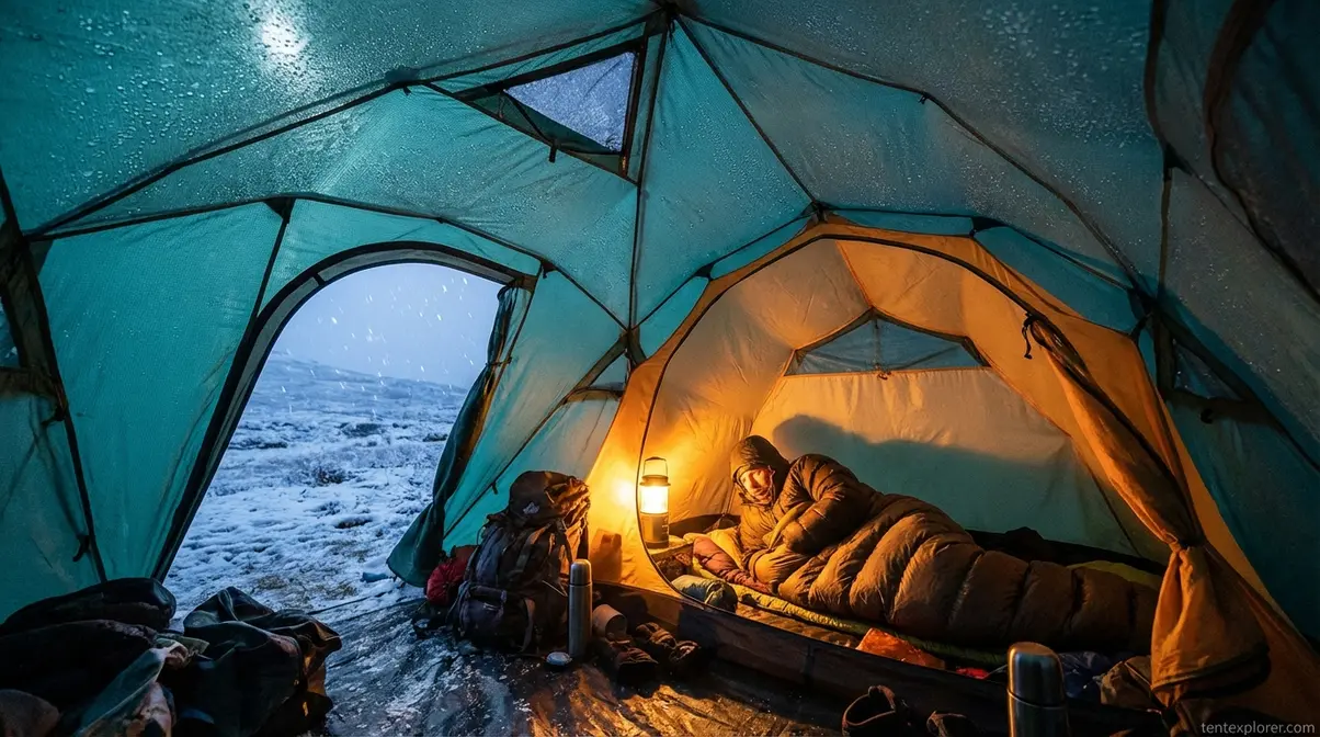 Warm interior of a four season tent at night showing the 10 to 16 degree heat retention difference from outside temperature