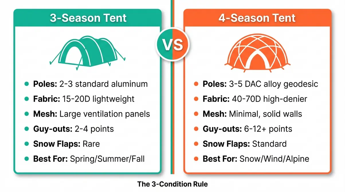 Side-by-side comparison infographic of three-season and four-season tent features including pole structure and fabric type