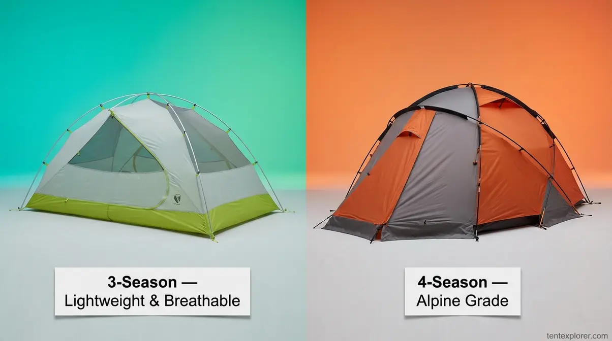 Side-by-side comparison of a three-season mesh tent and a geodesic four-season tent showing key structural differences