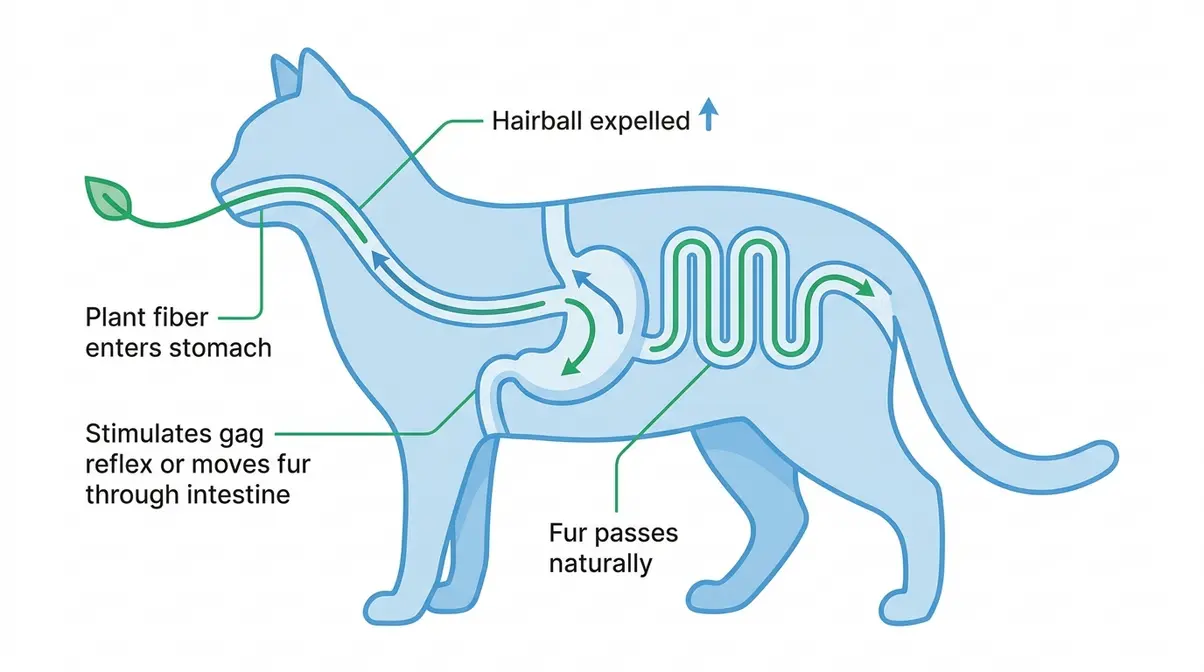 Cat digestive system diagram showing how plant fiber aids hairball removal