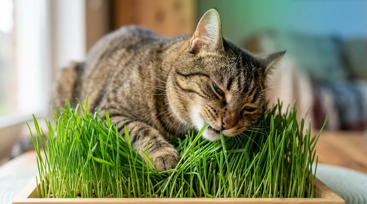 Cat chewing wheatgrass in a tray as a natural digestive aid and hairball remedy