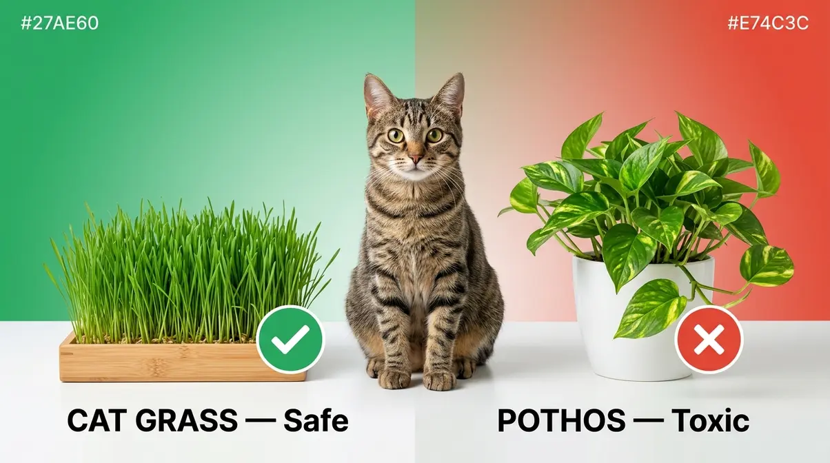 Side-by-side comparison of safe cat grass versus toxic pothos houseplant for cats