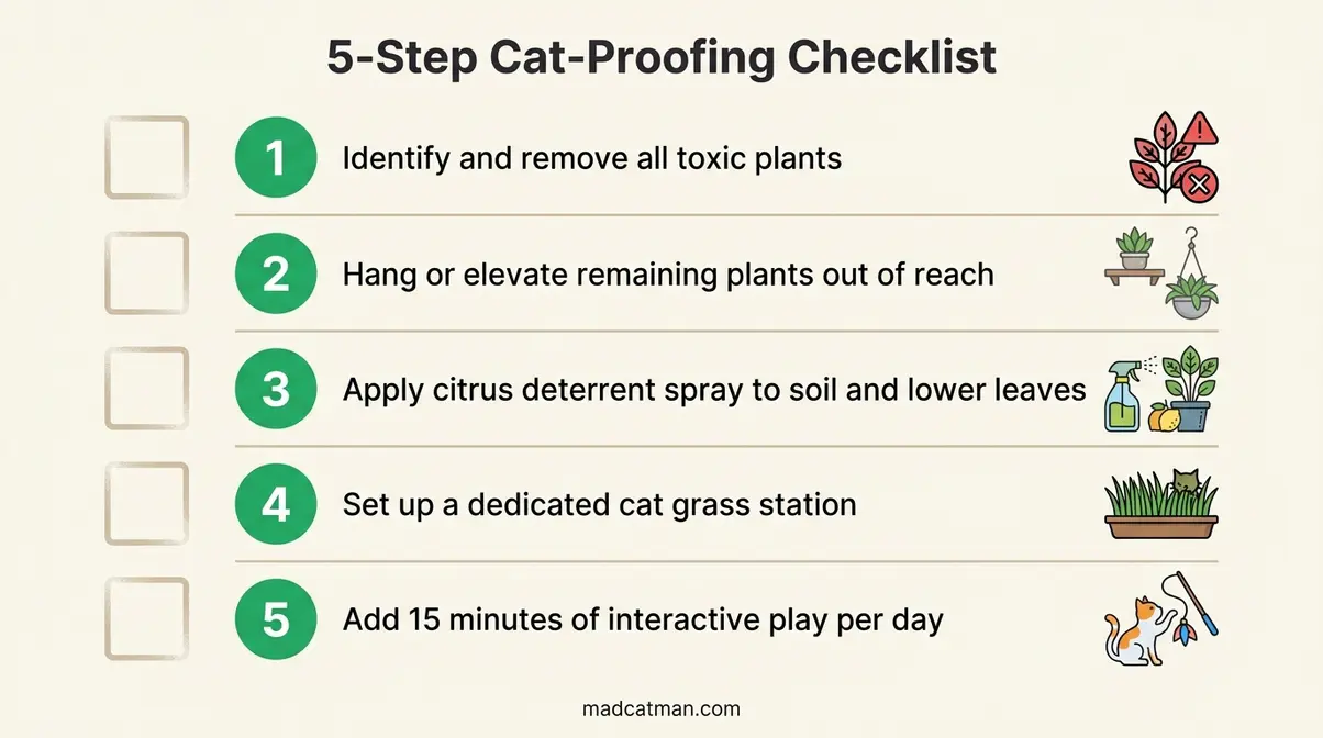 5-step cat proofing checklist infographic for stopping cats from eating plants