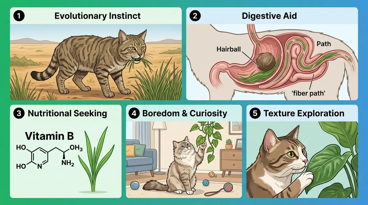 Five illustrated reasons why cats eat plants including instinct boredom and digestive aid