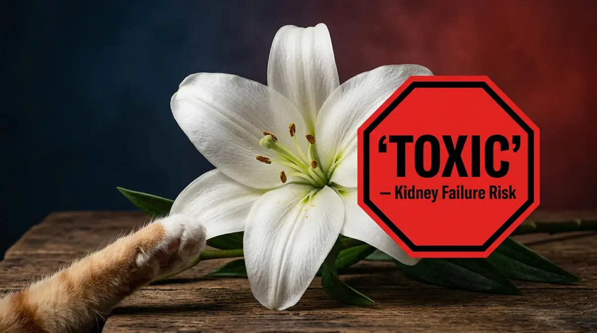 White Easter lily with toxic warning badge — dangerous plant that causes kidney failure in cats