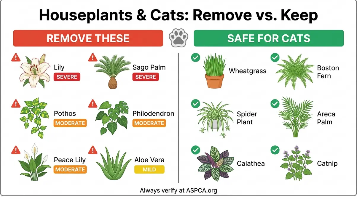 Toxic vs safe houseplants for cats infographic — why cats eat plants guide