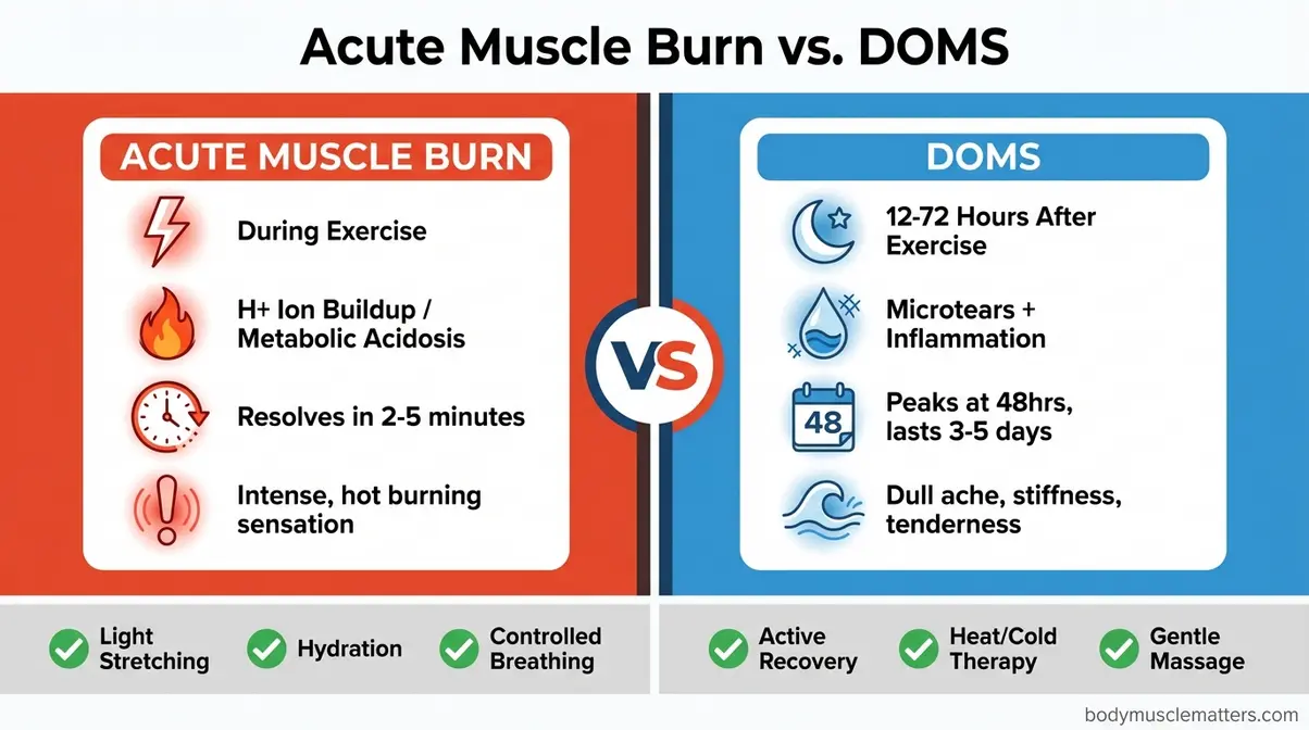 Infographic comparing acute muscle burn from hydrogen ion acidosis during exercise versus DOMS from microtears occurring hours after workout