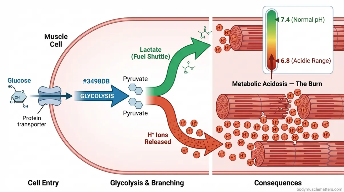 Biological diagram of anaerobic respiration showing glucose converting to ATP, lactate, and hydrogen ions causing metabolic acidosis in muscles