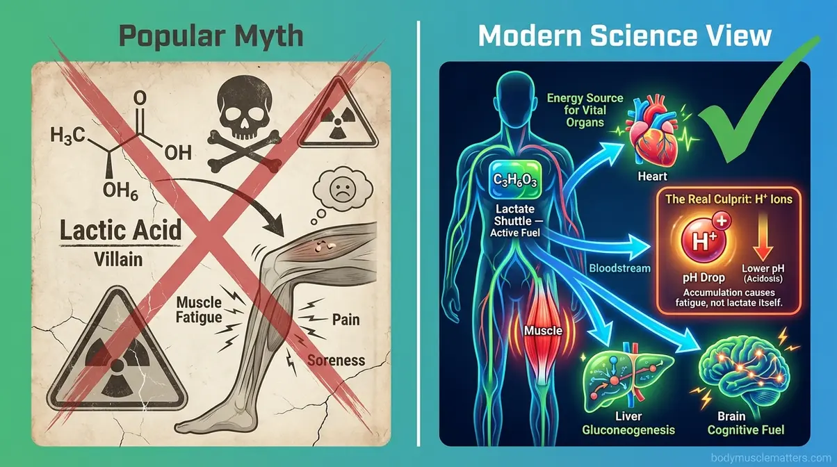 Myth-busting illustration showing lactate as an energy fuel in the lactate shuttle, not a toxic waste product causing muscle burn