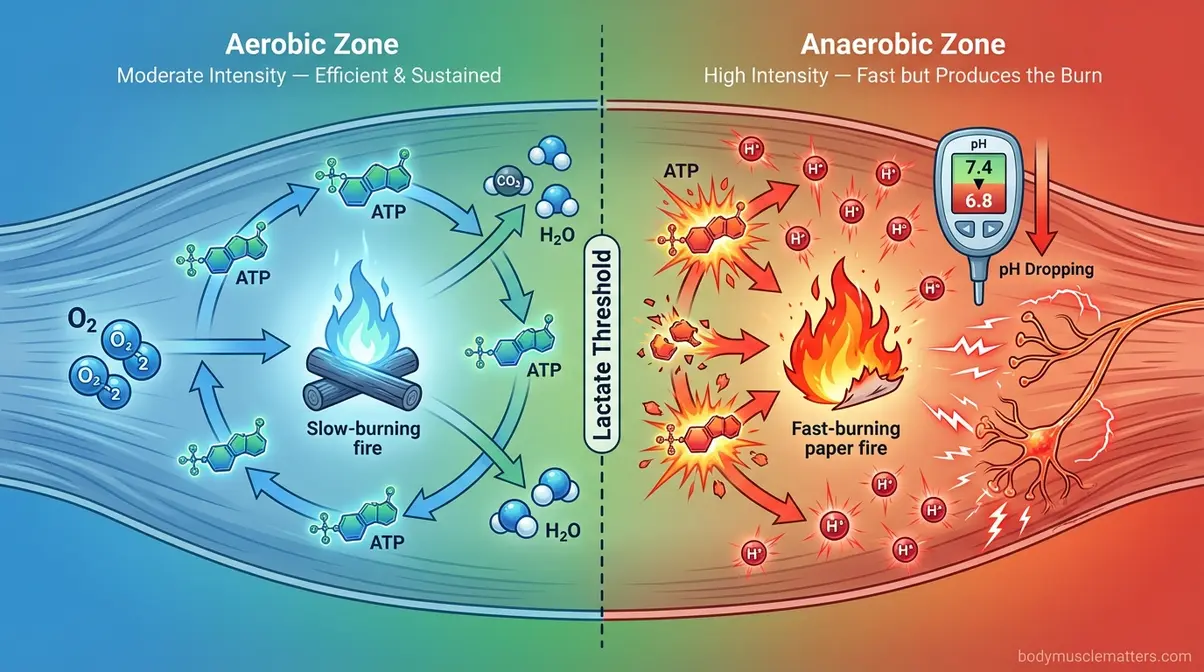 Scientific illustration showing aerobic versus anaerobic energy systems and how hydrogen ion buildup causes muscle burn during high-intensity exercise