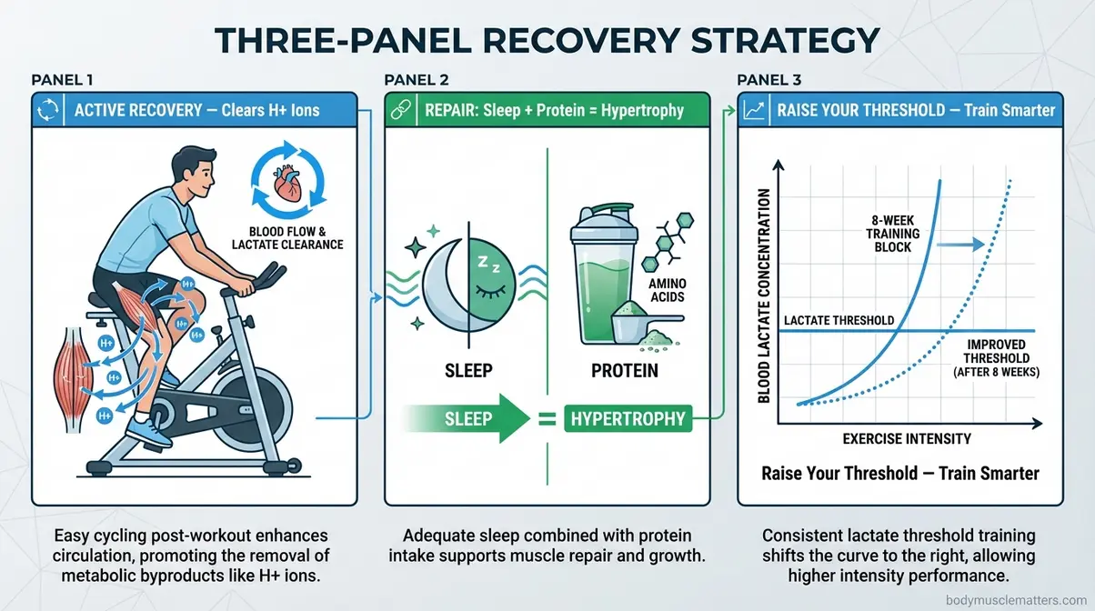 Three-panel illustration showing active recovery, sleep and protein repair, and lactate threshold training to reduce muscle burn during exercise