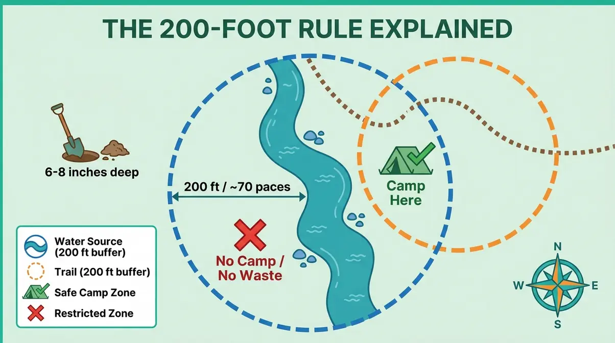 Infographic explaining the 200 foot Leave No Trace rule for camping tent placement and waste disposal