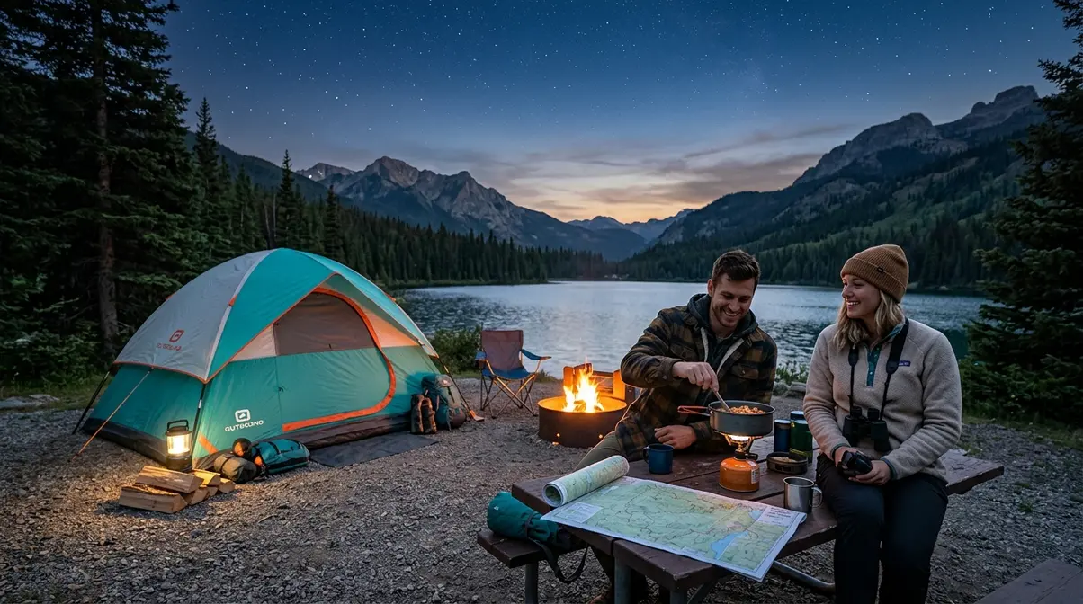 Beginner campers cooking at campsite with tent pitched and starry sky at dusk