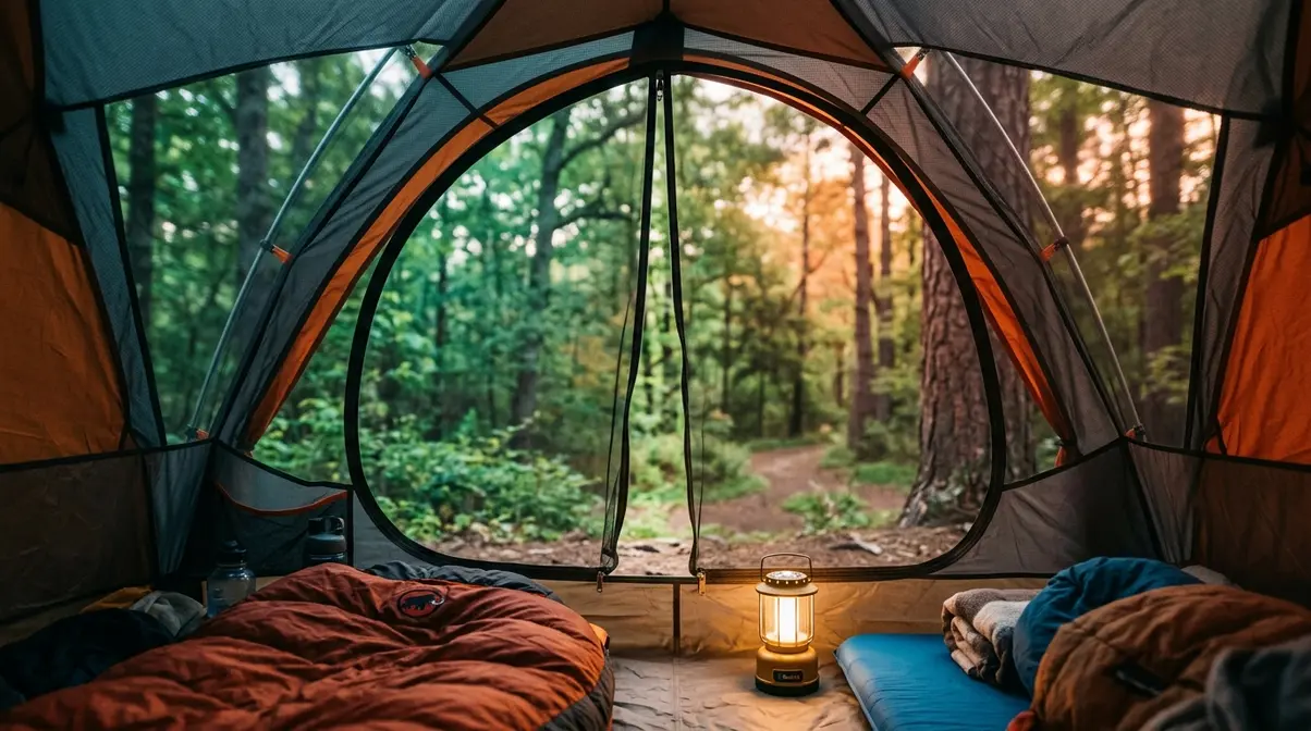 Interior view of camping tent mesh door looking out at forested campsite at sunrise