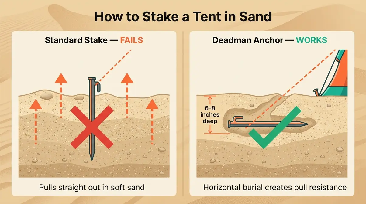 Diagram showing deadman staking technique for camping tent on sand dunes