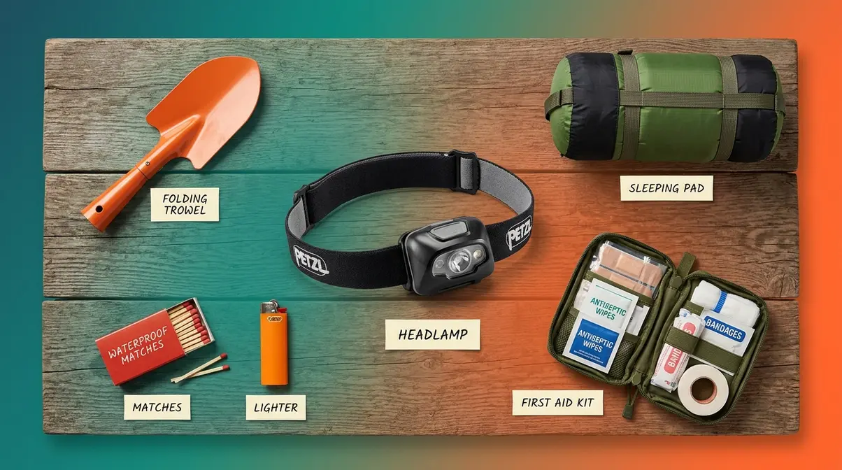 Essential forgotten camping gear: headlamp, sleeping pad, first aid kit, fire starters, and trowel