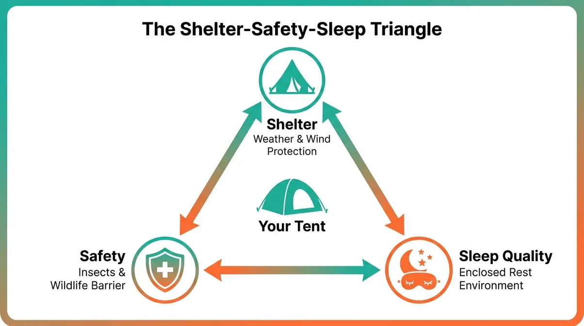 The Shelter-Safety-Sleep Triangle diagram for camping tents