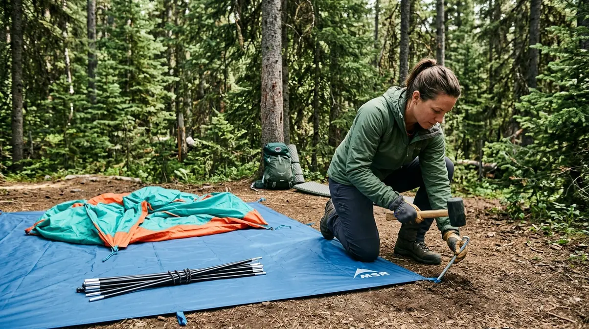 Camper driving tent stake at 45-degree angle with footprint tarp laid underneath on forest floor