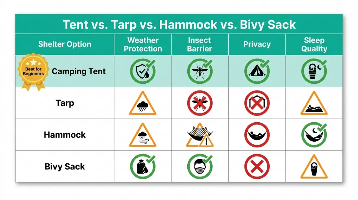 Camping tent vs tarp vs hammock vs bivy sack comparison matrix for beginner campers