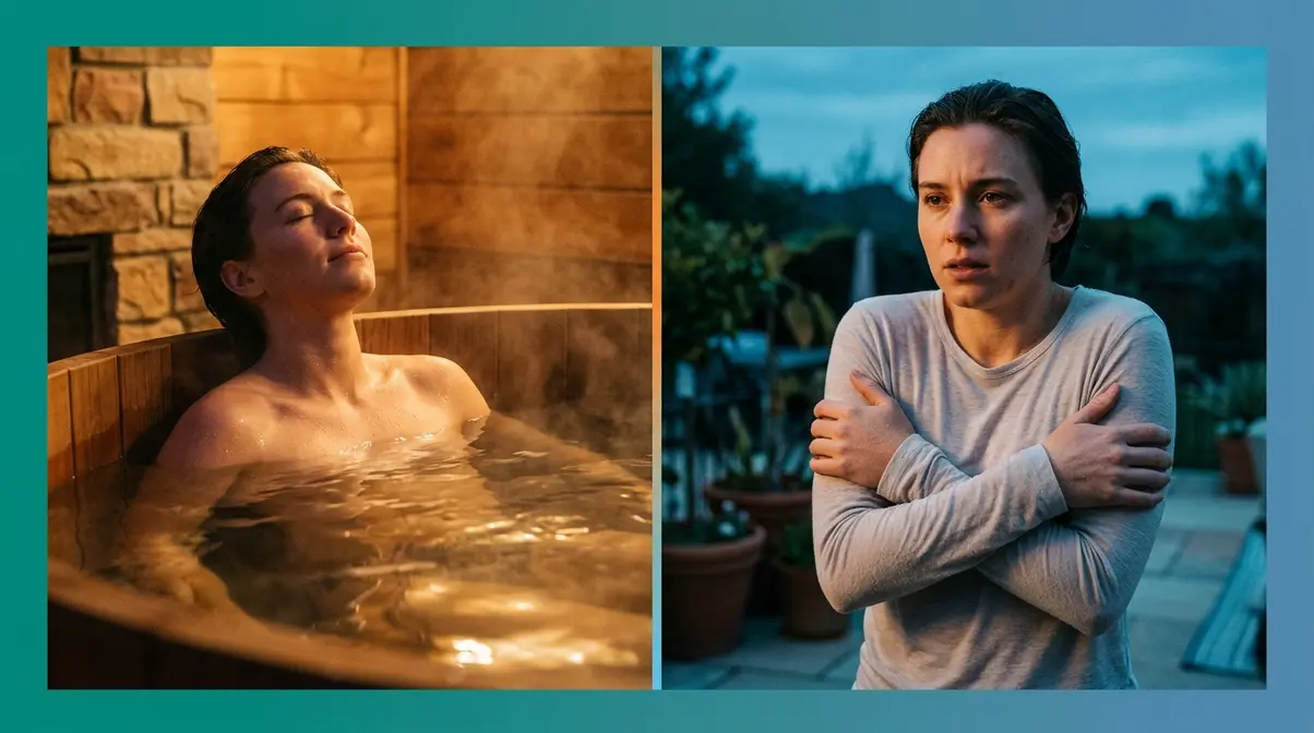 Person relaxed in hot tub versus tensing in cool air illustrating the chill effect muscle contraction
