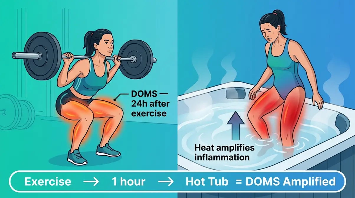 Illustration showing how soaking in a hot tub too soon after exercise amplifies DOMS inflammation