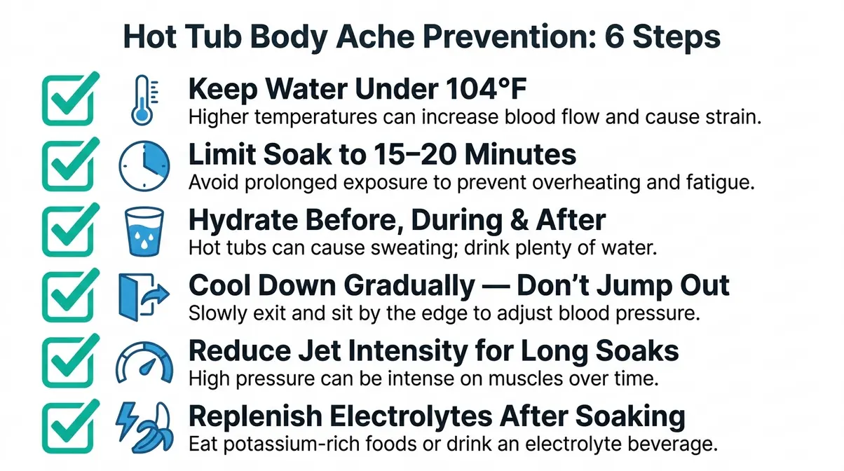 Why Does Body Ache After Hot Tub? 6 Causes & Fixes 8 Checklist infographic showing 6 prevention steps to avoid body ache after hot tub including hydration and temperature limits