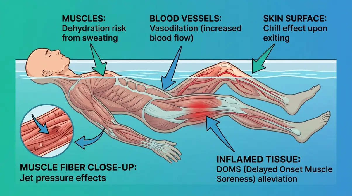 Illustration of five causes of body aches after a hot tub including dehydration and vasodilation
