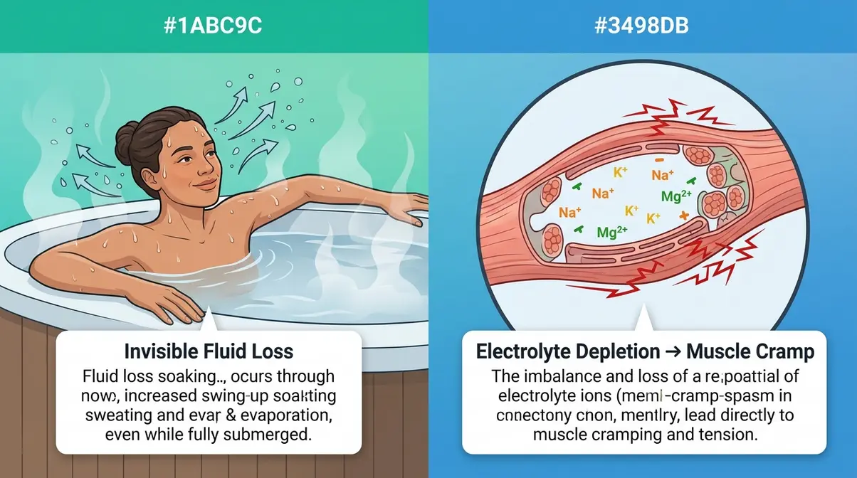 Why Does Body Ache After Hot Tub? 6 Causes & Fixes 3 Illustration showing hot tub dehydration and electrolyte loss causing muscle cramps and post-soak body aches