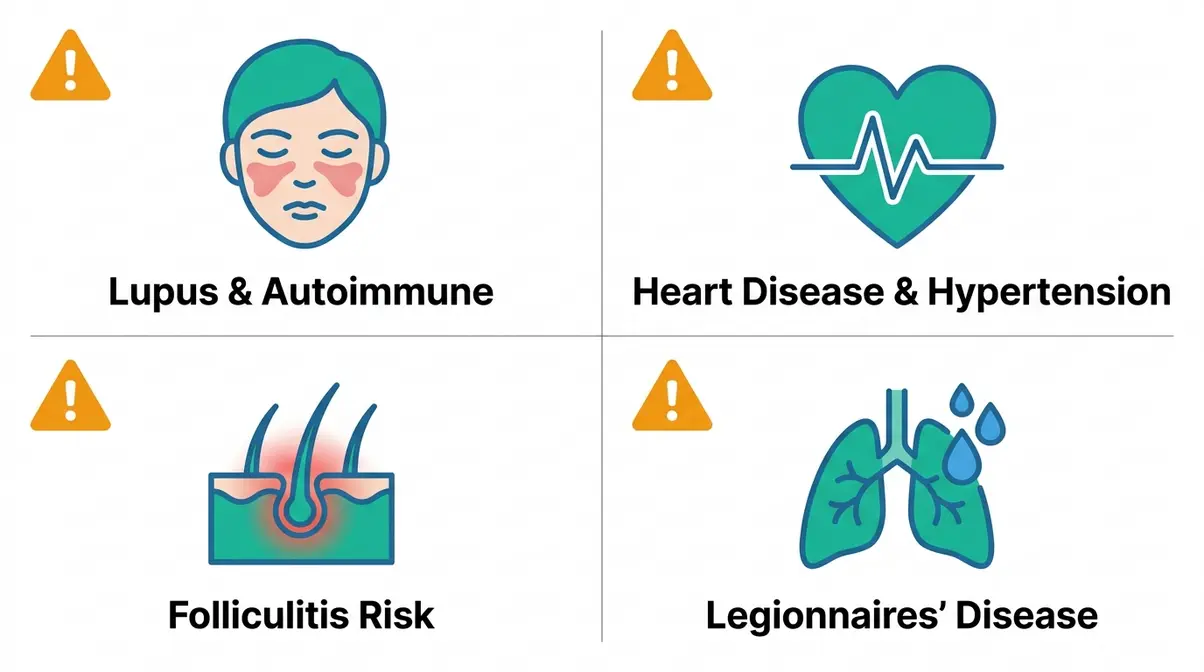 Why Does Body Ache After Hot Tub? 6 Causes & Fixes 9 Medical illustration showing four health conditions requiring extra caution before hot tub use including lupus and heart disease
