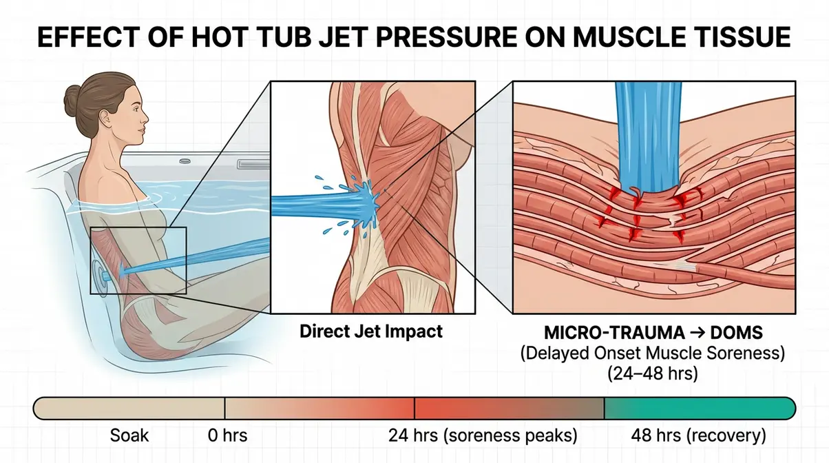 Why Does Body Ache After Hot Tub? 6 Causes & Fixes 6 Illustration showing hot tub jet pressure causing muscle micro-trauma and delayed onset muscle soreness DOMS