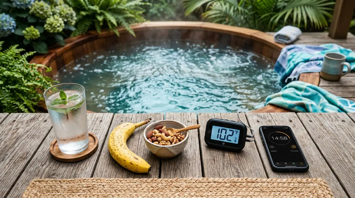 Pre-soak preparation flat-lay with water, electrolyte snacks, thermometer, and timer beside a hot tub