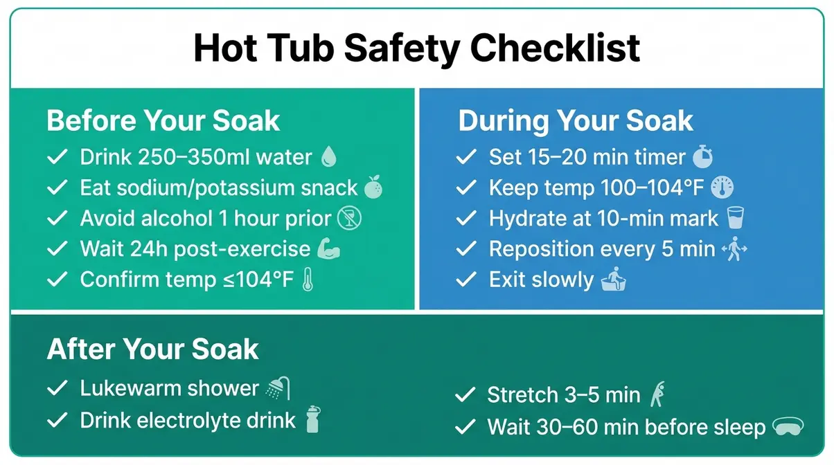 Hot tub safety checklist infographic with before, during, and after soak steps to prevent body aches