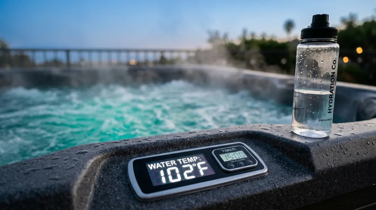 Hot tub digital thermometer showing 102 degrees Fahrenheit with a 15-minute countdown timer on the edge