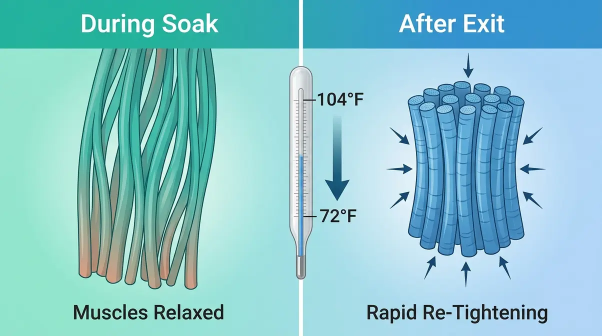 Why Does Body Ache After Hot Tub? 6 Causes & Fixes 5 Illustration of muscle re-tightening during cool down after hot tub causing post-soak stiffness and soreness