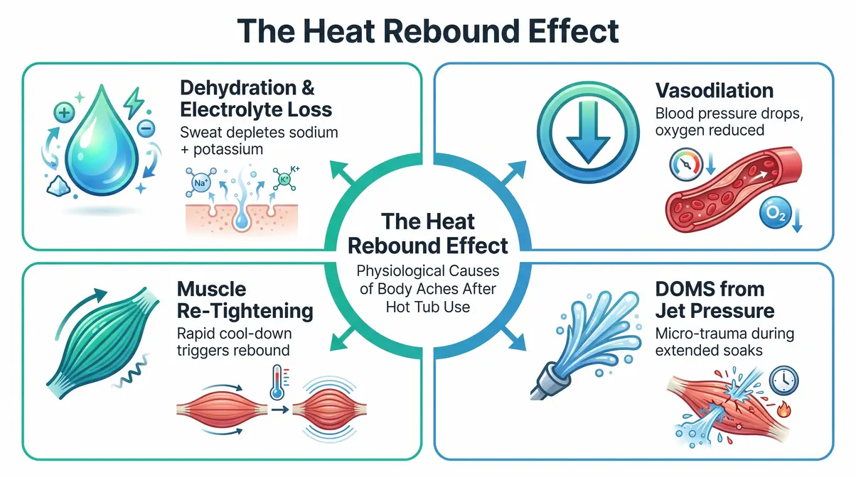 Why Does Body Ache After Hot Tub? 6 Causes & Fixes 2 Infographic showing four causes of body aches after hot tub including dehydration vasodilation and muscle cramping