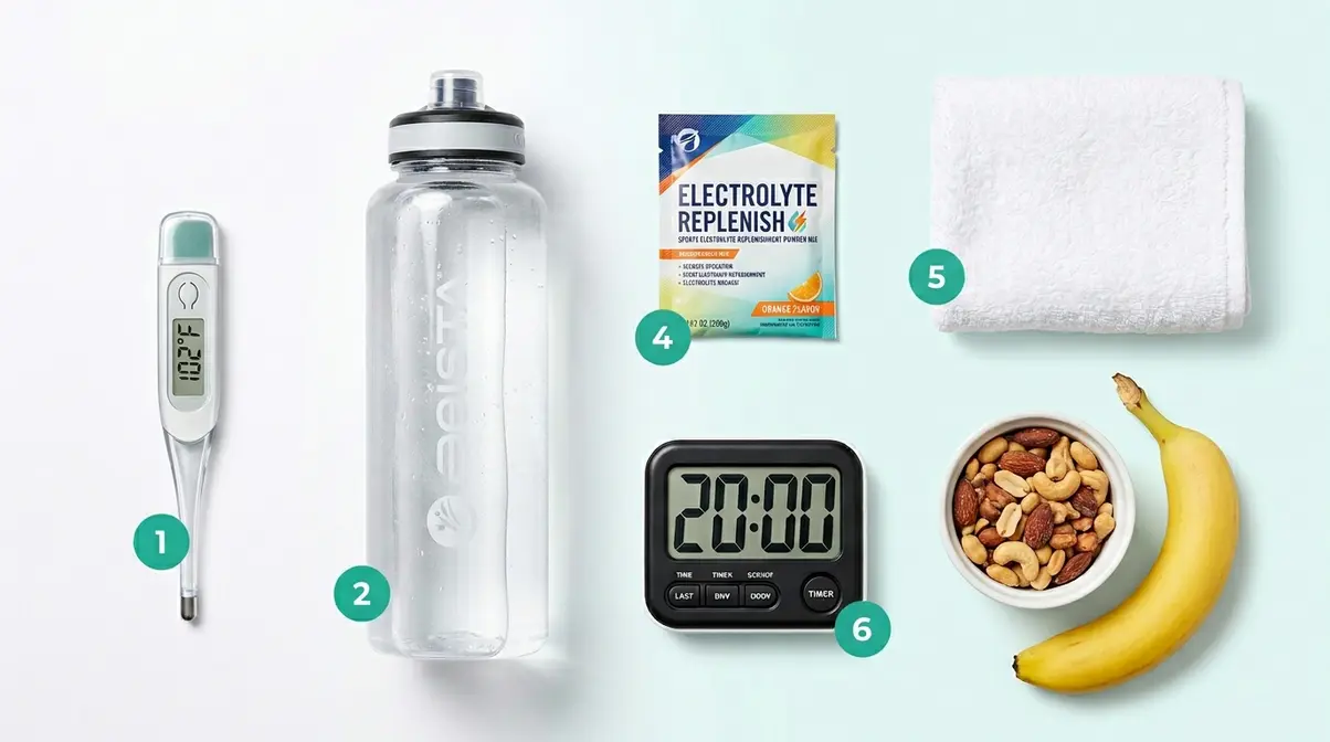 Why Does Body Ache After Hot Tub? 6 Causes & Fixes 7 Flat lay of six tools to prevent body ache after hot tub including thermometer water bottle and electrolytes